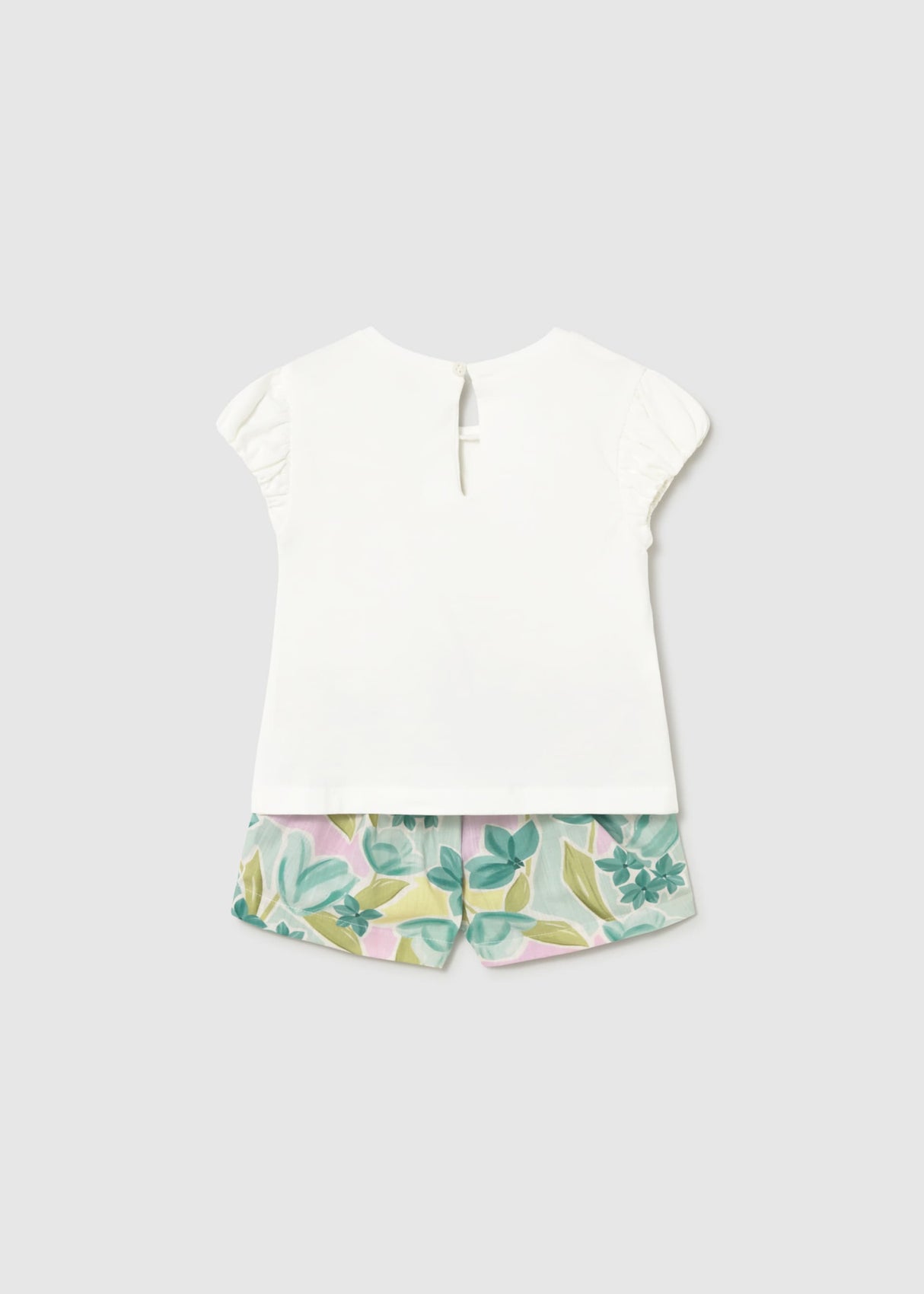 Mayoral baby girl 2-piece outfit shown flat with floral shorts and short-sleeve tee.