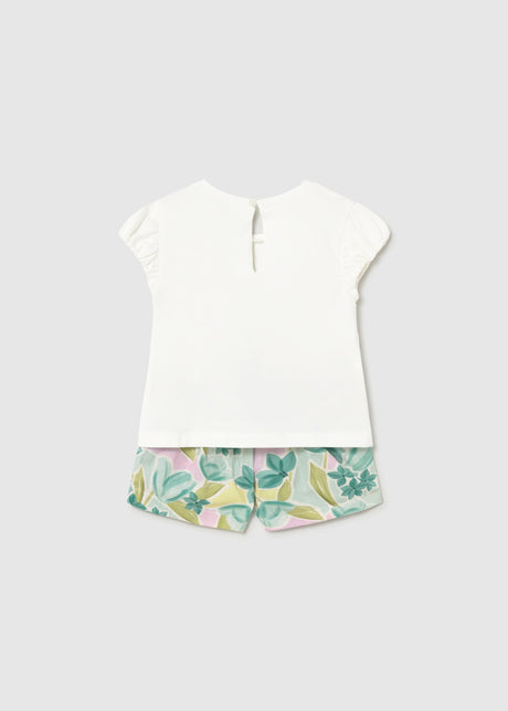 Mayoral baby girl 2-piece outfit shown flat with floral shorts and short-sleeve tee.