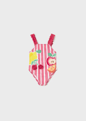 Mayoral baby girl Pink/White striped one-piece swimsuit with ruffled straps and colorful graphic.