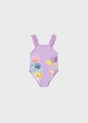 Mayoral baby girl Lilac graphic one-piece swimsuit with ruffled straps and colorful front print.