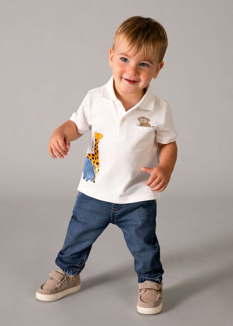 Toddler boy wearing Mayoral baby jeans with a casual tee for an everyday outfit look.