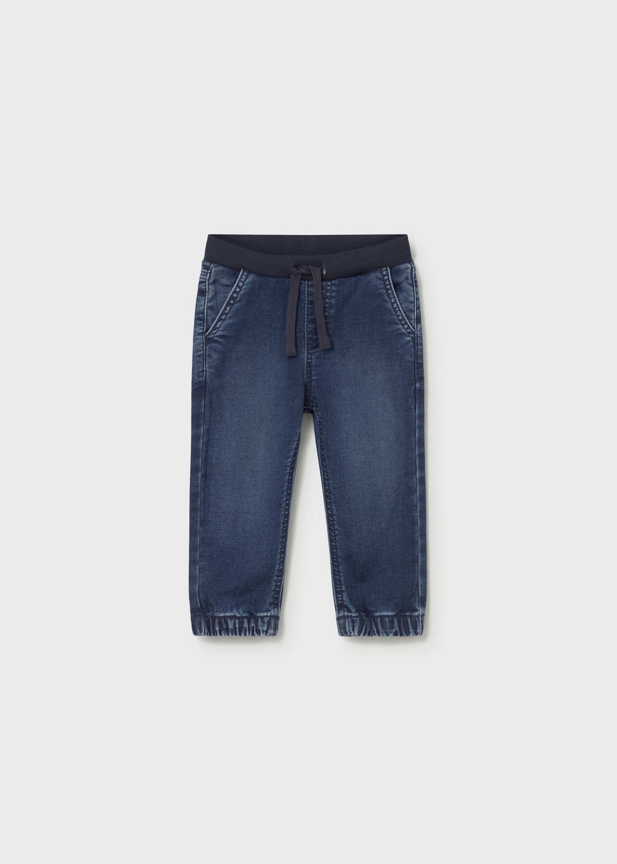 Mayoral baby boy Dark Blue jogger jeans with elastic waistband, drawstring, and cuffed ankles.