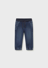 Mayoral baby boy Dark Blue jogger jeans with elastic waistband, drawstring, and cuffed ankles.