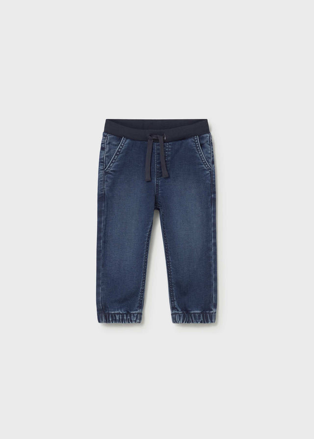 Mayoral baby boy Dark Blue jogger jeans with elastic waistband, drawstring, and cuffed ankles.