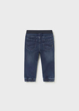 Back view of Mayoral baby boy jogger jeans showing Dark Blue denim wash and cuffed legs.