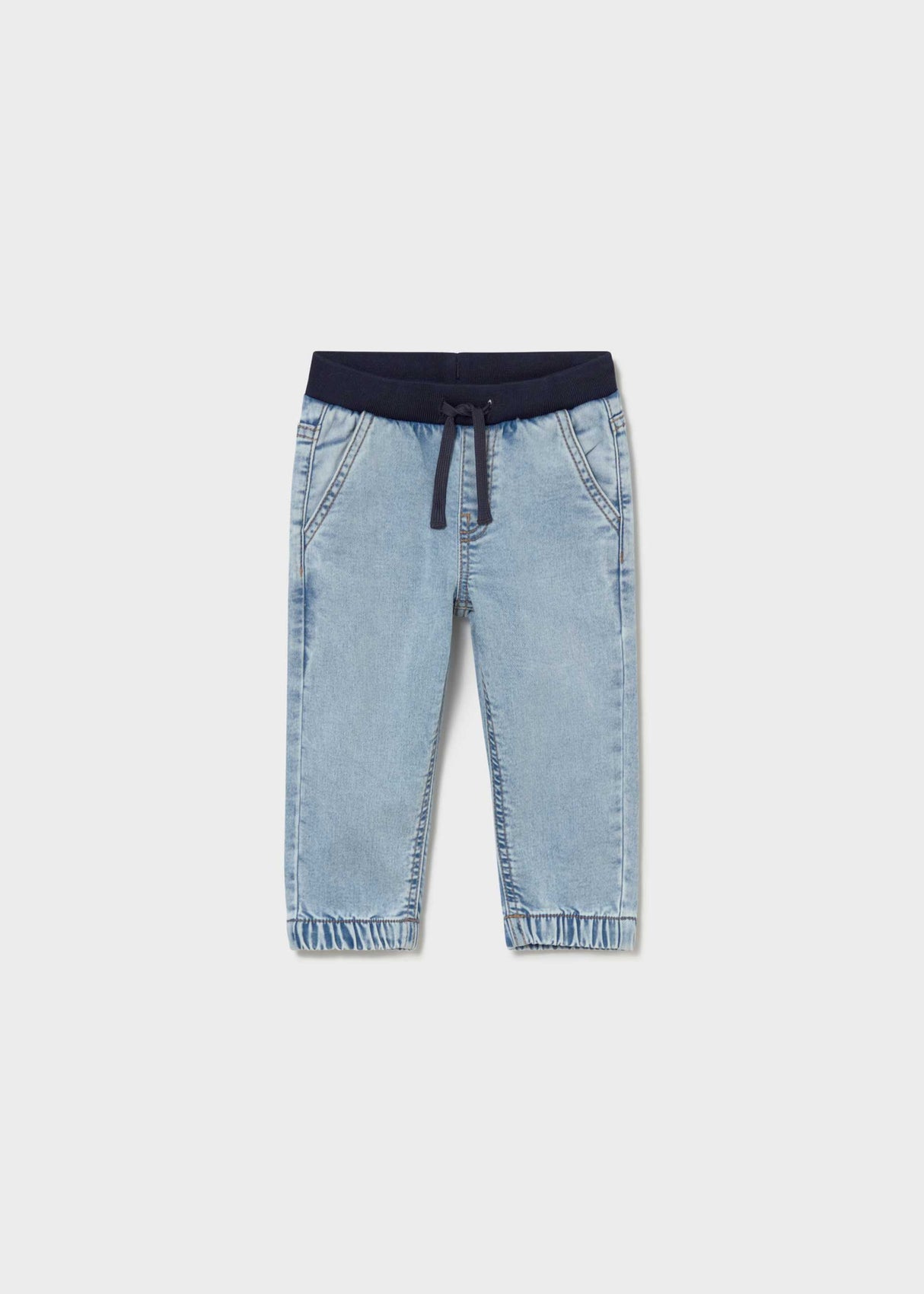 Mayoral baby boy Light Blue jogger jeans with elastic waistband, drawstring, and cuffed ankles.
