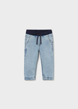 Mayoral baby boy Light Blue jogger jeans with elastic waistband, drawstring, and cuffed ankles.