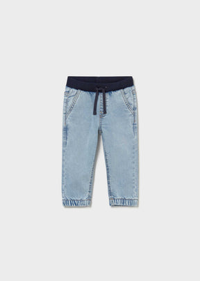 Mayoral baby boy Light Blue jogger jeans with elastic waistband, drawstring, and cuffed ankles.