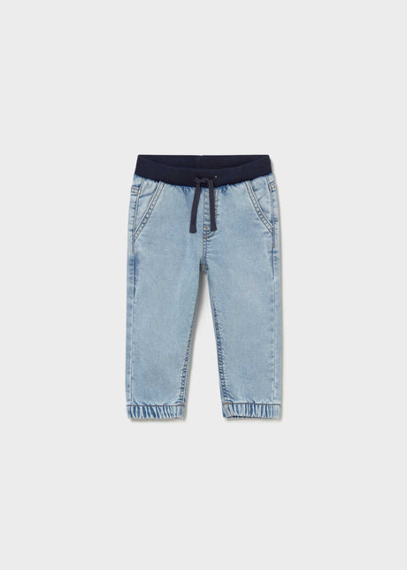 Mayoral baby boy Light Blue jogger jeans with elastic waistband, drawstring, and cuffed ankles.