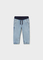 Mayoral baby boy Light Blue jogger jeans with elastic waistband, drawstring, and cuffed ankles.