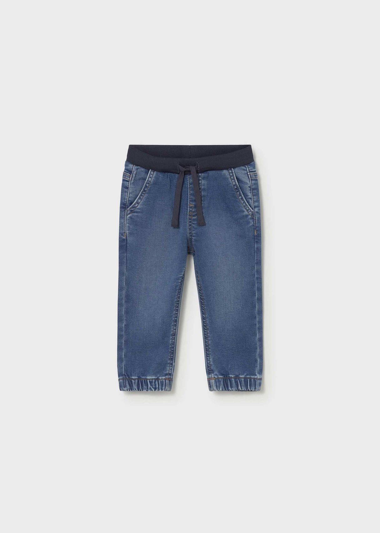Mayoral baby boy Dark Blue elastic waist jogger jeans with drawstring and cuffed ankles.