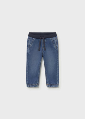 Mayoral baby boy Dark Blue elastic waist jogger jeans with drawstring and cuffed ankles.