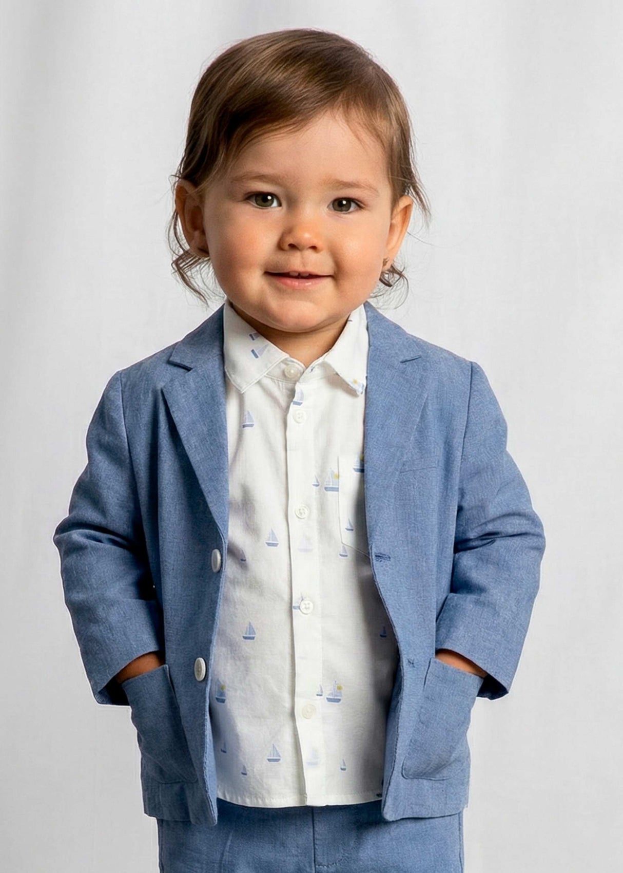 Baby wearing Mayoral Capri Blue blazer for a polished special occasion outfit.