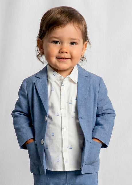 Baby wearing Mayoral Capri Blue blazer for a polished special occasion outfit.