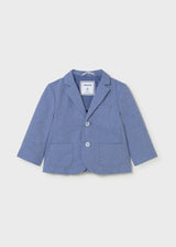 Mayoral baby boy Capri Blue knit blazer with button front, patch pockets, and classic collar.