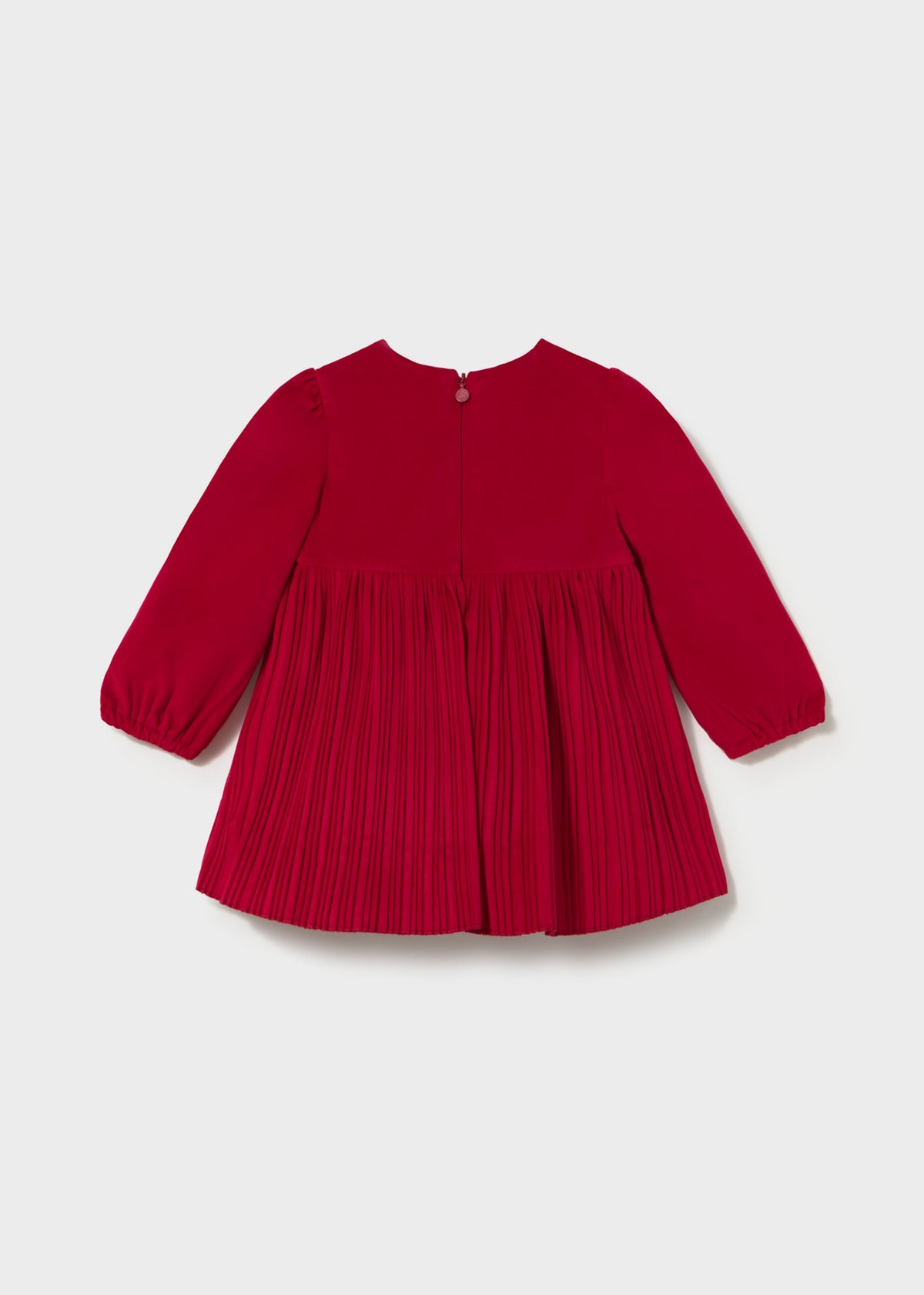 Back of the red pleated Mayoral dress with neck zip and gathered cuffs