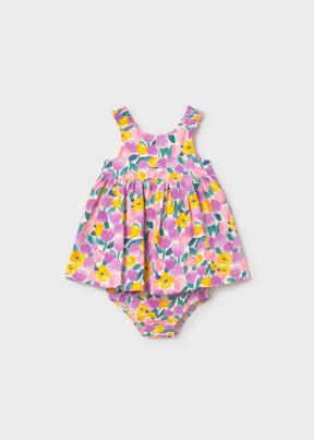 Mayoral baby girl multicolor floral dress with matching bloomers in soft cotton stretch fabric.