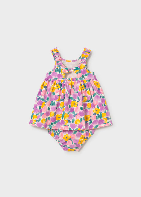Mayoral baby dress and bloomers set shown flat with bright floral print and sleeveless design.