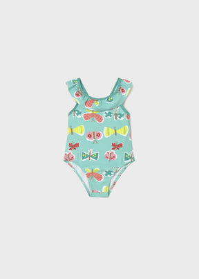Mayoral baby girl UPF 40+ Aqua printed one-piece swimsuit with colorful fish graphics and ruffle detail.