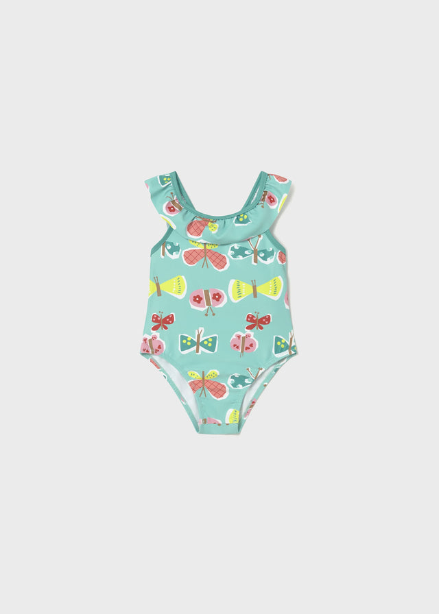 Mayoral baby girl UPF 40+ Aqua printed one-piece swimsuit with colorful fish graphics and ruffle detail.