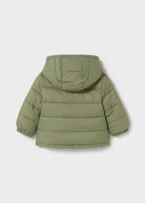 Back view of Mayoral baby boy Olive Green reversible puffer jacket with hood and padded winter finish.