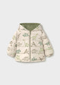 Mayoral baby boy reversible puffer jacket with Ivory dinosaur print side, hood, zipper, and warm padded design.