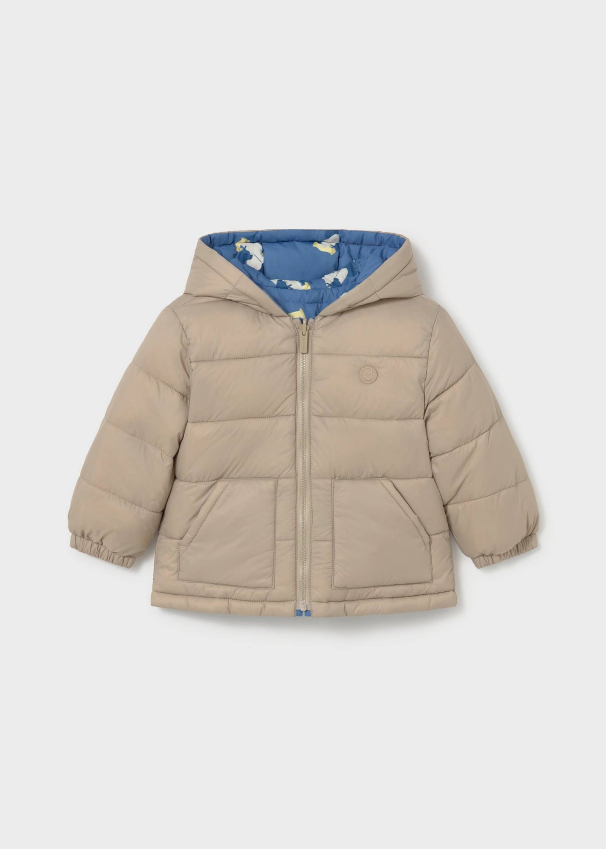 Mayoral baby boy reversible puffer jacket showing solid Taupe side with hood and cozy quilted shape.