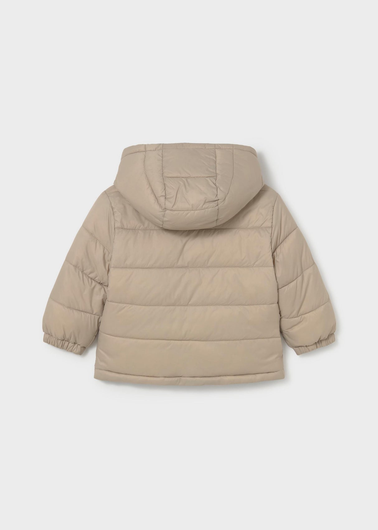 Back view of Mayoral baby boy solid Taupe reversible puffer jacket with hood and padded finish.