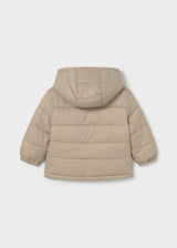 Back view of Mayoral baby boy solid Taupe reversible puffer jacket with hood and padded finish.