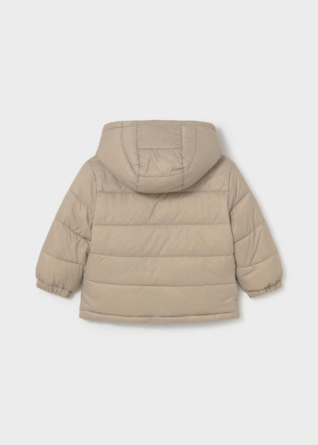 Back view of Mayoral baby boy solid Taupe reversible puffer jacket with hood and padded finish.