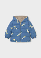 Mayoral baby boy reversible puffer jacket with printed Blue side, hood, zipper, and warm padded design.