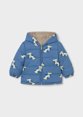Mayoral baby boy reversible puffer jacket with printed Blue side, hood, zipper, and warm padded design.