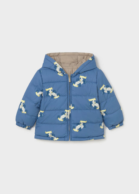 Mayoral baby boy reversible puffer jacket with printed Blue side, hood, zipper, and warm padded design.