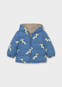 Mayoral baby boy reversible puffer jacket with printed Blue side, hood, zipper, and warm padded design.
