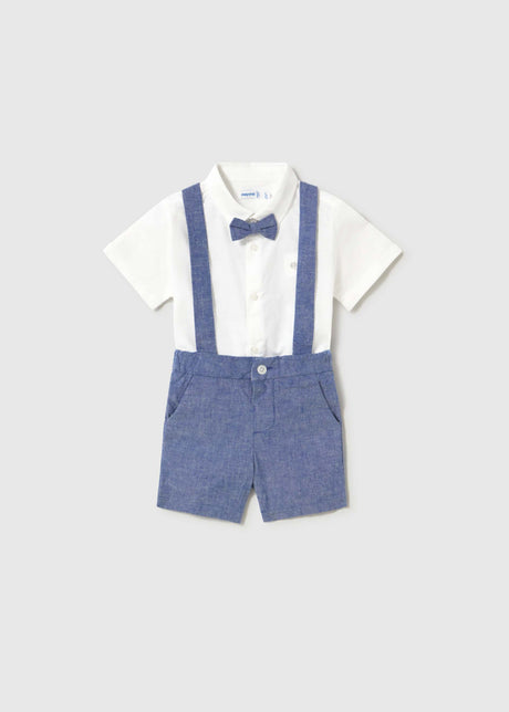 Mayoral baby boy 2-piece outfit with white buttondown shirt, bow tie, blue shorts, and suspenders.