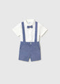 Mayoral baby boy 2-piece outfit with white buttondown shirt, bow tie, blue shorts, and suspenders.