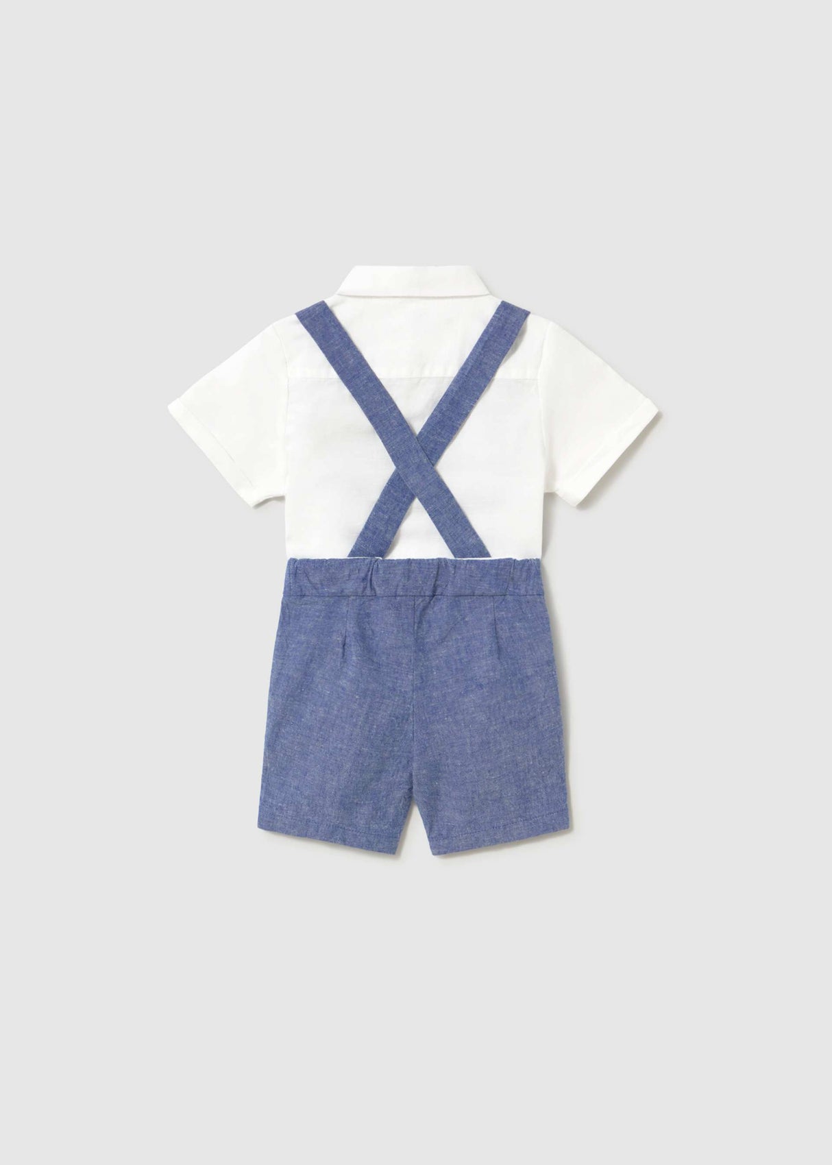 Back view of Mayoral baby boy outfit showing blue suspender-style straps and matching shorts.