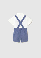 Back view of Mayoral baby boy outfit showing blue suspender-style straps and matching shorts.