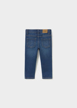 Back view of Mayoral baby boy Dark Blue slim fit jeans with classic denim pocket styling.