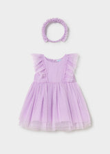 Mayoral baby girl Lilac Swiss dot tulle dress with matching headband for birthdays and special occasions.