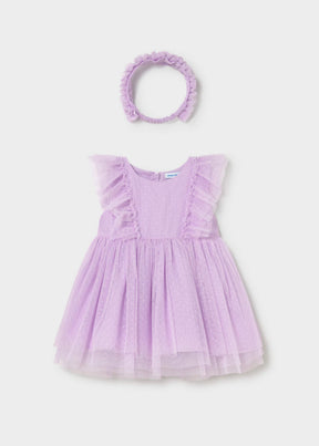 Mayoral baby girl Lilac Swiss dot tulle dress with matching headband for birthdays and special occasions.