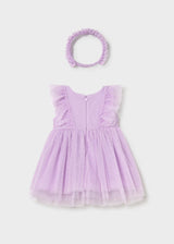 Mayoral Lilac tulle dress and headband set shown flat with airy Swiss dot skirt.
