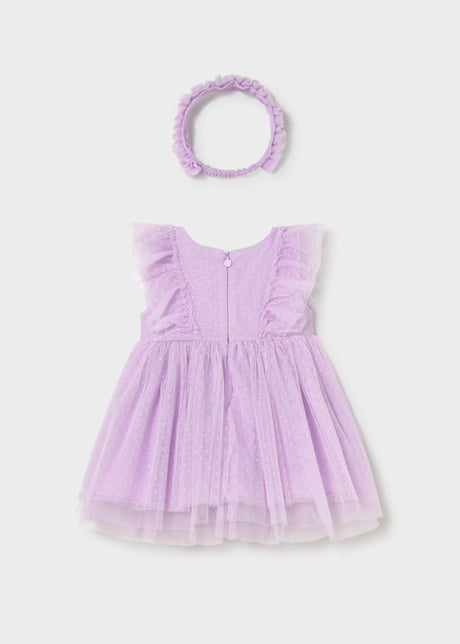 Mayoral Lilac tulle dress and headband set shown flat with airy Swiss dot skirt.