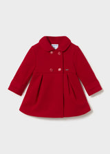 Red double-breasted coat with round collar and flared pleated shape, Mayoral baby girl