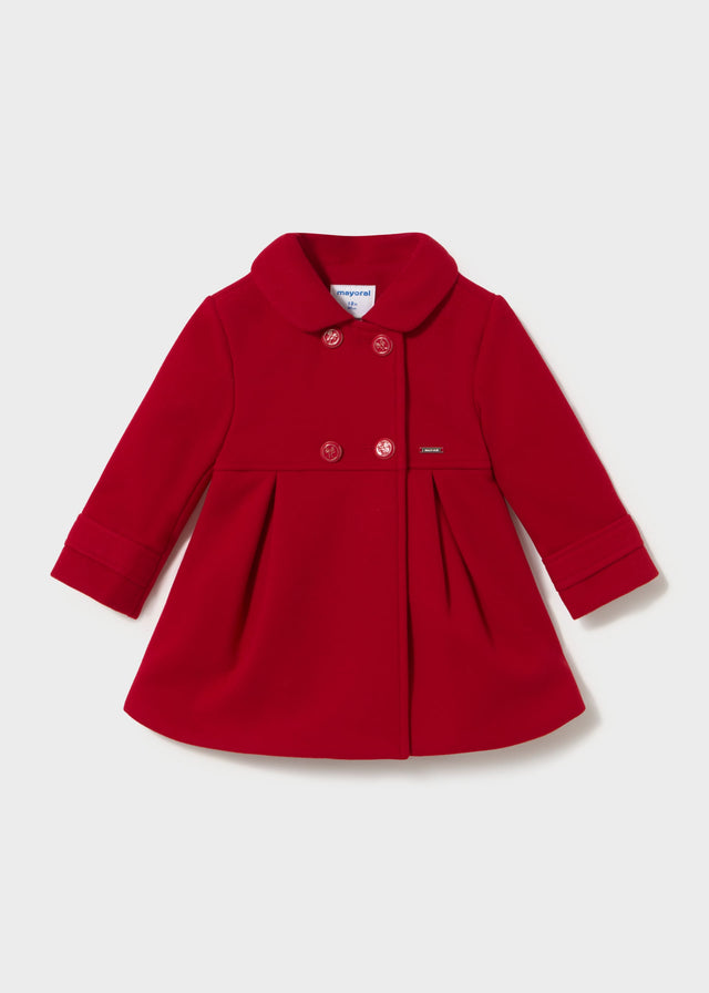 Red double-breasted coat with round collar and flared pleated shape, Mayoral baby girl