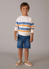 Boy wearing Blue Mayoral Bermuda shorts for an easy everyday warm-weather look.