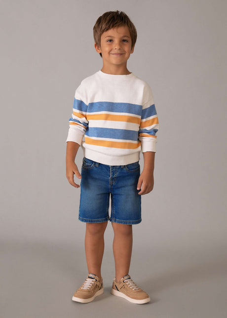 Boy wearing Blue Mayoral Bermuda shorts for an easy everyday warm-weather look.