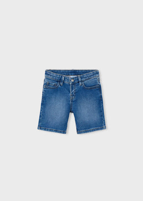 Mayoral boys Blue denim Bermuda shorts with straight cut, front pockets, and stretch cotton fabric.