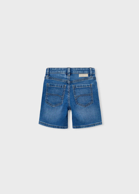 Back view of Mayoral boys denim shorts showing Blue denim wash and back pocket details.