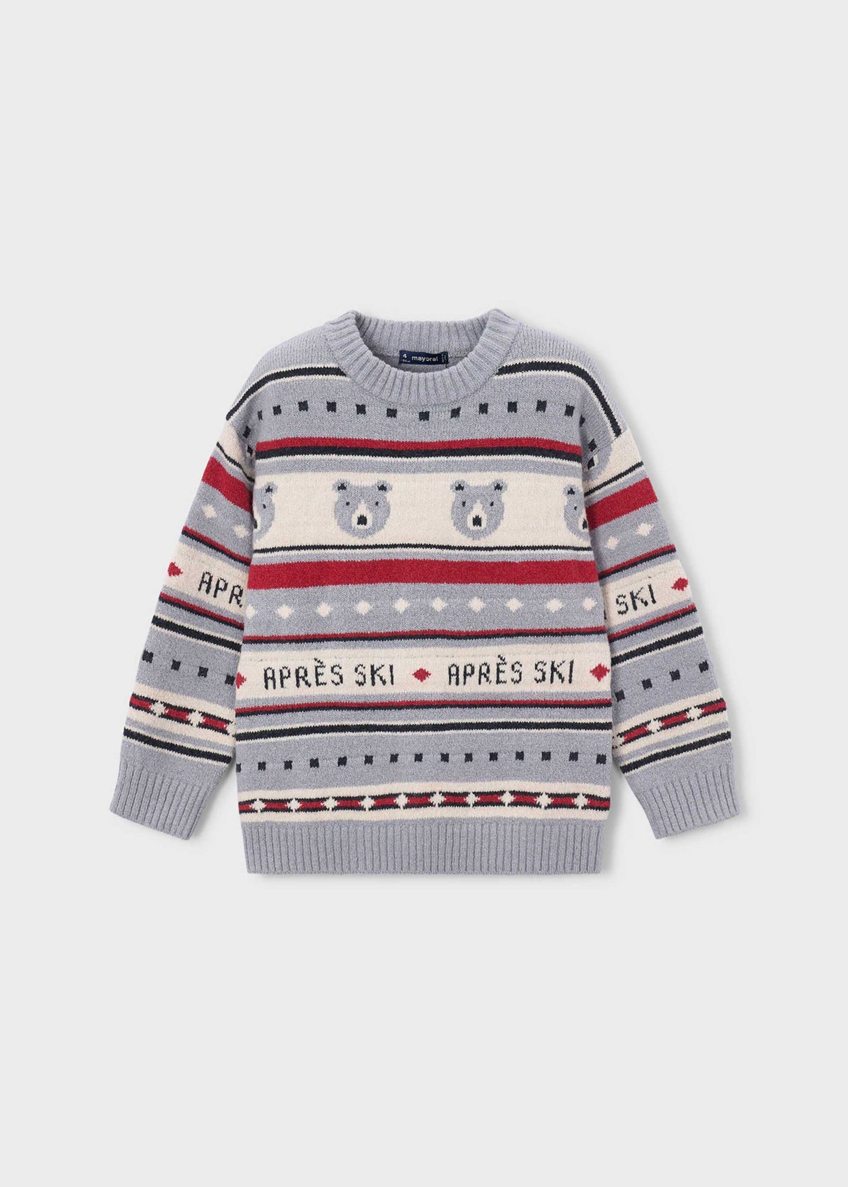 Mayoral boys jacquard sweater in Gray with ski pattern, polar bear artwork, and Après Ski lettering.